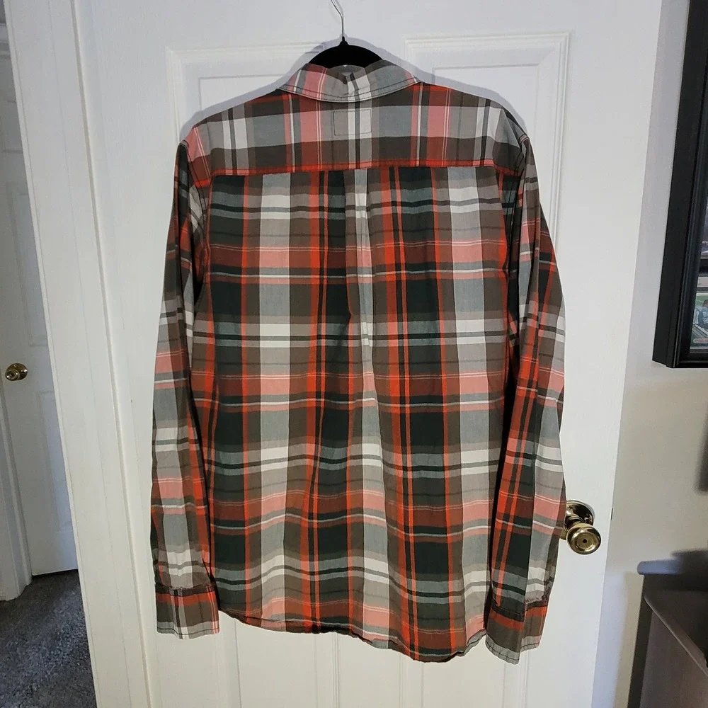 The North Face Plaid Shirt Mens XL Orange Grey Long Sleeve Button Down Cotton